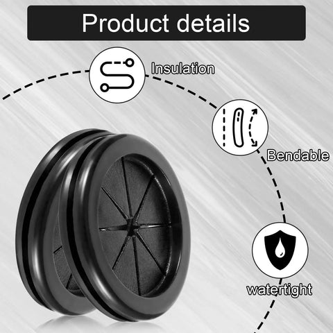 4 Pack Heavy Duty Rubber Grommets For Wiring, 2 Inch Black Firewall Plug Insert, detailed view showing bendable and watertight features.