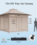 13x13 Pop Up Gazebo Canopy With Wheeled STO-N-Go Cover Bag For Patio Lawn Garden Grab-And-Go Setup Mosquito Shelter All Weather Durable Frame Easy Carry Wheels Foldable Design Backyard Shade Khaki with open dimensions and wheeled bag detail