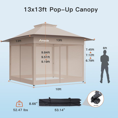 13x13 Pop Up Gazebo Canopy With Wheeled STO-N-Go Cover Bag For Patio Lawn Garden Grab-And-Go Setup Mosquito Shelter All Weather Durable Frame Easy Carry Wheels Foldable Design Backyard Shade Khaki with open dimensions and wheeled bag detail