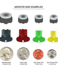 Aerator size examples with color-coded keys: gray, red, green, yellow, each showing different aerator sizes with coin comparisons.