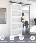 Sliding Glass Barn Door 30x84 Inches With 5 Ft Hardware Kit And Handle Included, 5-Panel Frosted Glass, installed in modern room