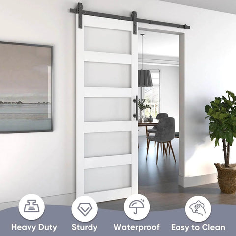 Sliding Glass Barn Door 30x84 Inches With 5 Ft Hardware Kit And Handle Included, 5-Panel Frosted Glass, installed in modern room