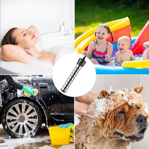 Submersible Water Heater 1500W Portable Tankless Immersion System heating water for bath and pet cleaning.