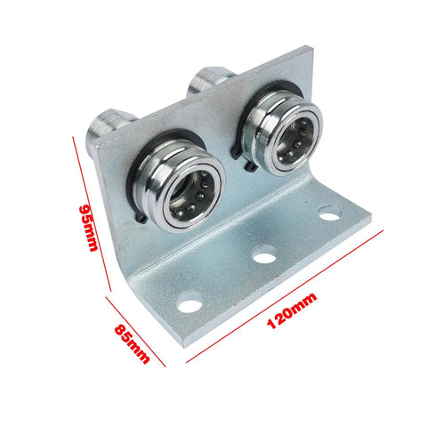 Two 1/2 in NPT hydraulic quick-release push/pull couplings mounted on a silver metal bracket with mounting holes