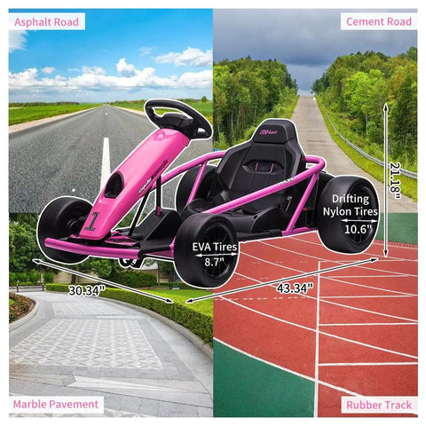 Pink Ride On Go Kart For Kids With 24V 9Ah Battery Dual 300W Motors 8 MPH Fast Drifting Circuit Car on different terrains