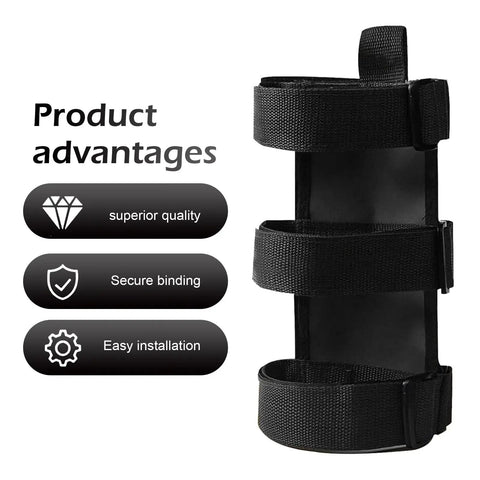 Roll Bar Fire Extinguisher Mount For Jeep Wrangler Models with adjustable straps and water bottle holder, product advantages shown