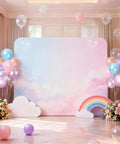 Pastel Mermaid Balloons Set With Pearl Rose Gold And Metallic Pink Purple Blue Latex Party Balloons seen in a room with a rainbow backdrop.