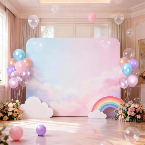 Pastel Mermaid Balloons Set With Pearl Rose Gold And Metallic Pink Purple Blue Latex Party Balloons seen in a room with a rainbow backdrop.