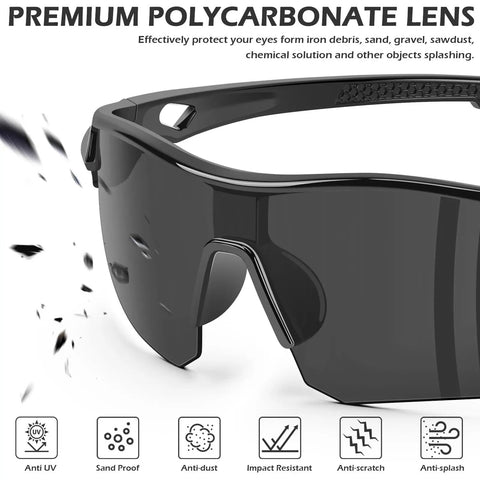 Close-up of 12 Pack ANSI Z87.1 Safety Glasses for Men and Women, impact resistant, featuring durable gray frames.