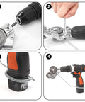 Heavy Duty Electric Drill Plate Cutter Nibbler Tool assembly process, showcasing steps to attach to a drill for metal cutting.