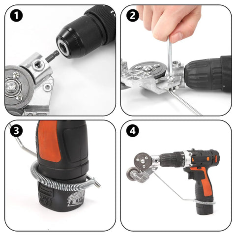 Heavy Duty Electric Drill Plate Cutter Nibbler Tool assembly process, showcasing steps to attach to a drill for metal cutting.