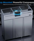 No Hassle 72 Inch Three Door Commercial Refrigerator Stainless Steel Reach In Upright Fridge showing top-mounted compressor features.