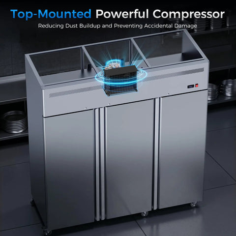 No Hassle 72 Inch Three Door Commercial Refrigerator Stainless Steel Reach In Upright Fridge showing top-mounted compressor features.