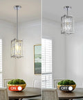 Totally Modern Raindrop Crystal Pendant Light For Kitchen Island With K9 Crystals And Chrome Frame shown on and off over table