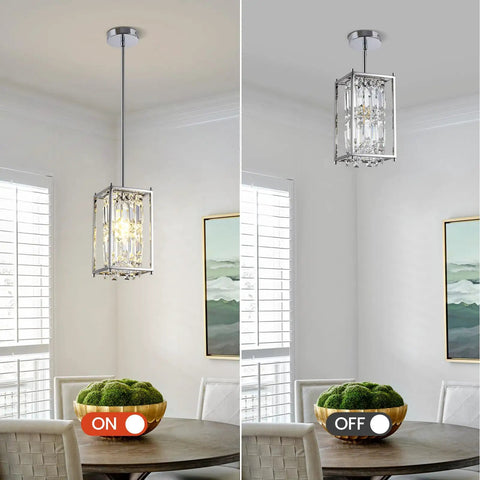 Totally Modern Raindrop Crystal Pendant Light For Kitchen Island With K9 Crystals And Chrome Frame shown on and off over table