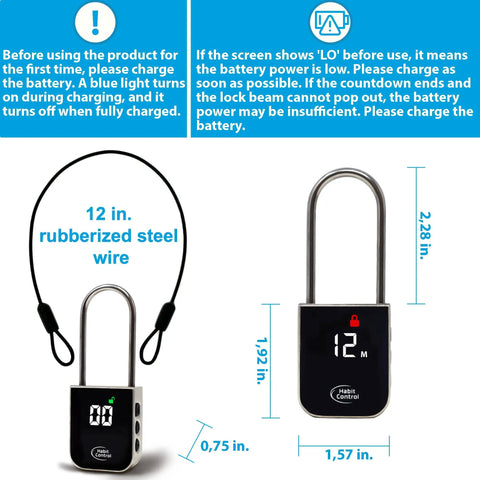 Habit Control Time Lock Padlock to Crush Addictions and Lock Down Bad Habits Keeps Snacks Drinks Locked up in Kitchen Cabinets Fridges Using 12 Inch Rubberized Steel Cable with Lcd Hd Display Screen, showing 12 inch rubberized wire and LCD screen.