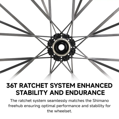 Close-up of 36T ratchet system in ultralight carbon fiber wheelset for 700C road bikes with disc brakes tubeless ready 50mm depth.