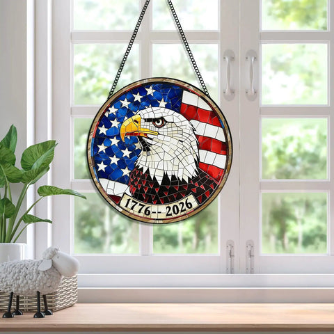 Stained Glass Window Hanging All American USA Eagle With Flag Sun Catcher Patriotic Ornament For Home And Garden Decor 7.8 In