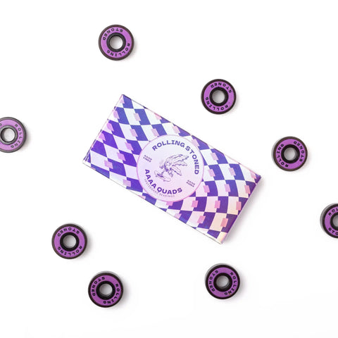 ABEC 9 Sealed Skateboard Bearings Set For Skateboards Longboards Scooters And Roller Skates Eight Pack Purple on white background