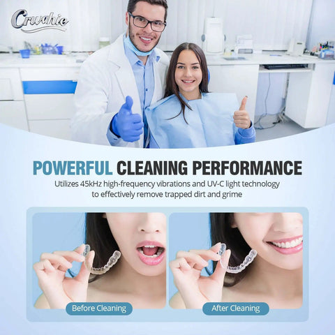 Detachable 45kHz Ultrasonic Retainer Cleaner With 3 Cleaning Modes, visible effect on clear dental aligners before and after use.