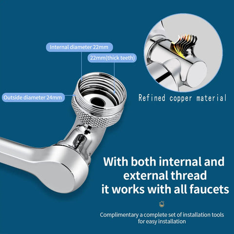 1080 Degree Rotating Faucet Extender With Copper Body And Four Layer Filter showing internal and external threads and copper design