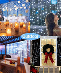 Various scenes of Solar Curtain String Lights For Outdoor Garden 300 LED Fairy Lights With 8 Modes Remote Control Waterproof Waterfall Lights For Gazebo Patio Home Festivals Weddings Christmas Decor White in use, illuminating events and decor.