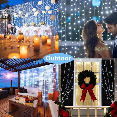 Various scenes of Solar Curtain String Lights For Outdoor Garden 300 LED Fairy Lights With 8 Modes Remote Control Waterproof Waterfall Lights For Gazebo Patio Home Festivals Weddings Christmas Decor White in use, illuminating events and decor.