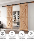 10 Ft Double Door Sliding Barn Door Hardware Track Kit With Straight Pulley installed on wooden doors, black powder coat finish.