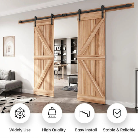 10 Ft Double Door Sliding Barn Door Hardware Track Kit With Straight Pulley installed on wooden doors, black powder coat finish.