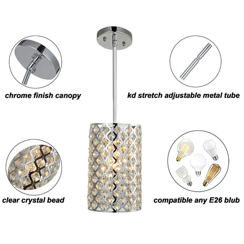 Crystal Flush Mount Ceiling Light, 1 Light, Bulb Included, Silver Chrome Finish, Modern Living Room Fixture For Dining Room, Kitchen Island