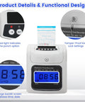 Plug And Play Crew Attendance Clock Featuring Auto Align Punch System With Fifty Standard Cards Dual Tone Inking Backlit Interface showing red light and blue backlit screen.