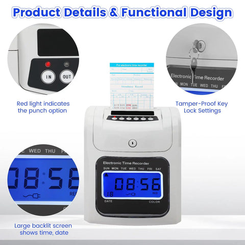 Plug And Play Crew Attendance Clock Featuring Auto Align Punch System With Fifty Standard Cards Dual Tone Inking Backlit Interface showing red light and blue backlit screen.