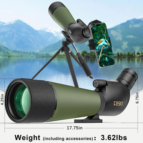 DiamondEdge Spotting Scope 20-60x80 For Bird Watching And Wildlife Viewing, Top Tier Optics With Smooth Focus, Crystal Clear Zoom For Birding, Scenery, Hiking, And Stargazing. on tripod with phone mount