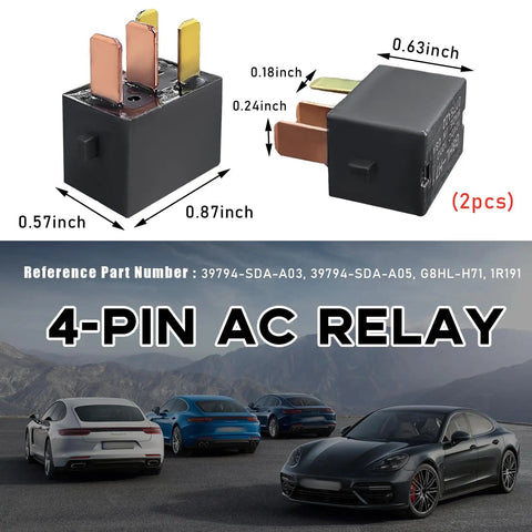 2 Pack Honda Car AC Relay Replacement For Accord Civic Element CR-V CR-Z 4 Pin Plug G8HL-H71 39794 SDA A03 A05 shown with dimensions