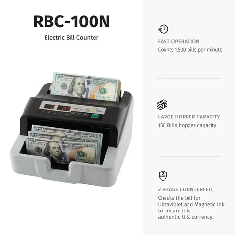 High Speed USD Bill Counter With UV And MG Counterfeit Detection in use, showing 150 bill hopper capacity and digital display
