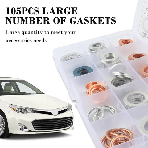 Must Have 105Pcs Car Oil Drain Plug Gasket Set Crush Washer Assortment in case with car illustration