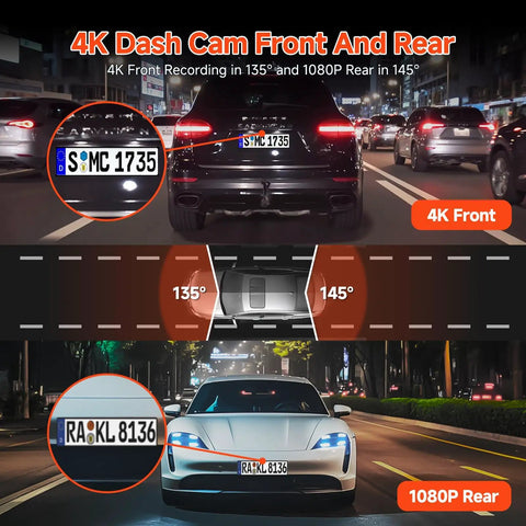 Image showing 4K and 1080P Dual Dash Cam With 3.6 Inch IPS Touch Screen capturing night road with front and rear views.