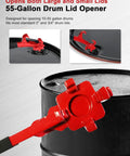 Ultimate 3 In 1 Bung Wrench And Bucket Opener Tool For Tough Aluminum Drum Lids Fits 5 To 55 Gallon Paint Cans close-up on red drum lid opener tool.