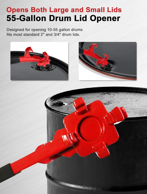 Ultimate 3 In 1 Bung Wrench And Bucket Opener Tool For Tough Aluminum Drum Lids Fits 5 To 55 Gallon Paint Cans close-up on red drum lid opener tool.