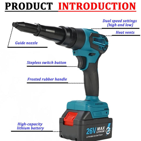 Cordless Rivet Gun Brushless Portable Battery Pop Rivet Tool Kit with guide nozzle, dual speed settings, and lithium battery