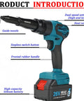 26V Cordless Electric Rivet Gun Brushless Complete Kit For Hardware Installation Two Configuration Options With Interchangeable Guide Nozzles 3.2 4.0 5.0 5200mAh Battery And Charger Variant 2 Includes Rivet Nut Mandrels M3 M4 M5 M6 M8, 26V cordless rivet gun with guide nozzle and 5200mAh battery