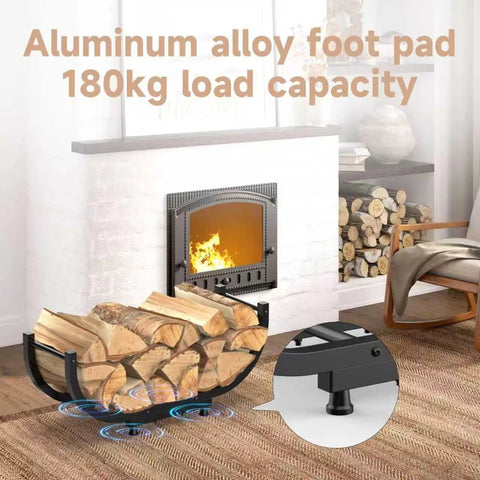 Heavy Duty 29 Inch Firewood Rack For Indoor Or Outdoor Use Sturdy Iron Log Holder in front of a fireplace indoors