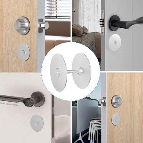 Super Easy DIY Friendly Door Hole Cover Plate Kit in use, 2-5/8 inch round silver hole filler on various doors