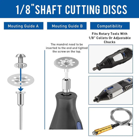 1/8" shaft cutting discs assembly guide for Slick Cut Twenty Piece Diamond Coated Cutting Wheels compatible with Dremel tools.