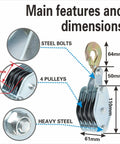Beefy 2 Ton Rope Hoist Pulley Kit with zinc-plated steel housing, four pulleys, steel bolts, and dimensions labeled