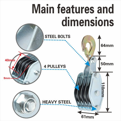 Beefy 2 Ton Rope Hoist Pulley Kit with zinc-plated steel housing, four pulleys, steel bolts, and dimensions labeled