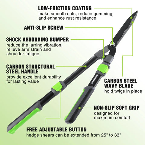 Extendable Hedge Shears 25 To 33 Inch Adjustable Manual Hedge Clippers For Thick Branches And Shrubs, Ultra Sharp Steel Blades