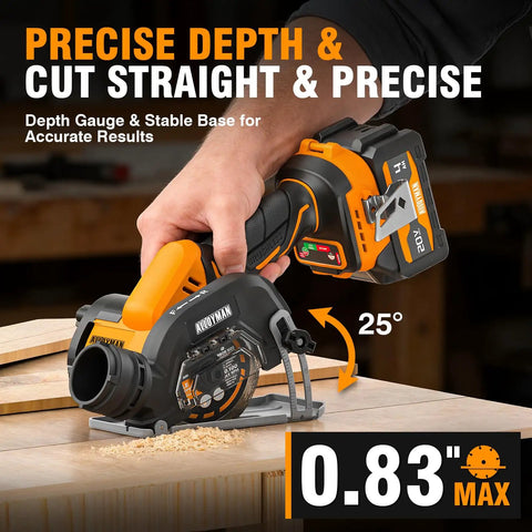 Man using 20V Cordless Mini Circular Saw With Brushless Motor Up To 18000 RPM 3 Inch Cutting Capacity Forward And Reverse LED Light on wood