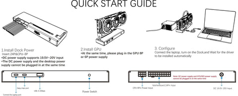 Quick start guide for Level Up Your Portable Setup With This Rock Solid Mini Egpu Enclosure with installation steps and connections.