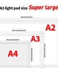 A2 Magnetic LED Light Pad size comparison with A3 and A4, showing dimensions of 25.2 by 18.4 inches for diamond painting, tracing, sketching.